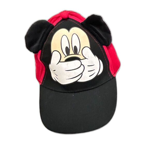 Disney Mickey Mouse Black Red Hands On Mouth Plush Ears Baseball Cap Youth - Picture 1 of 10